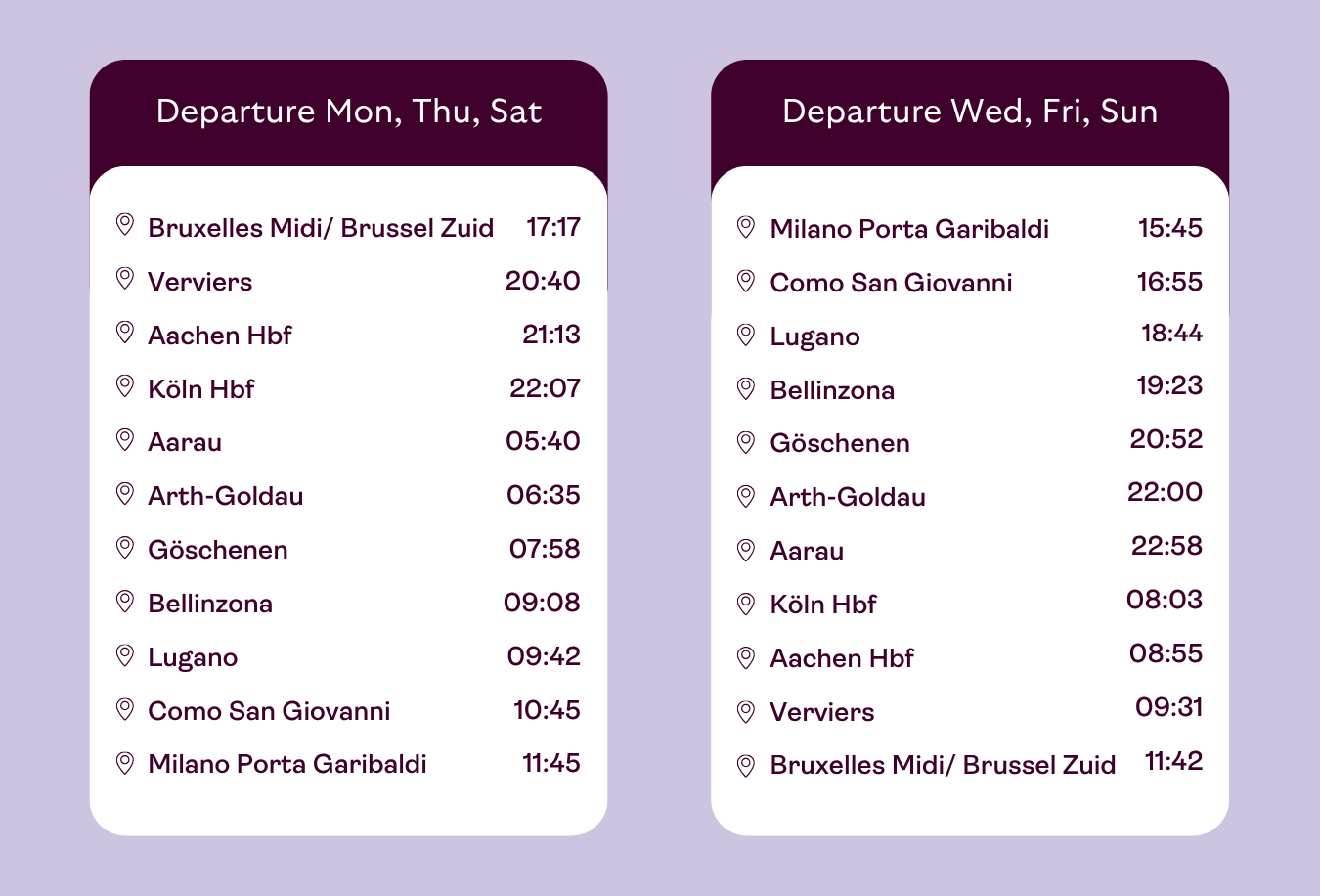 Standard annual 2026 timetable Brussels - Milan
